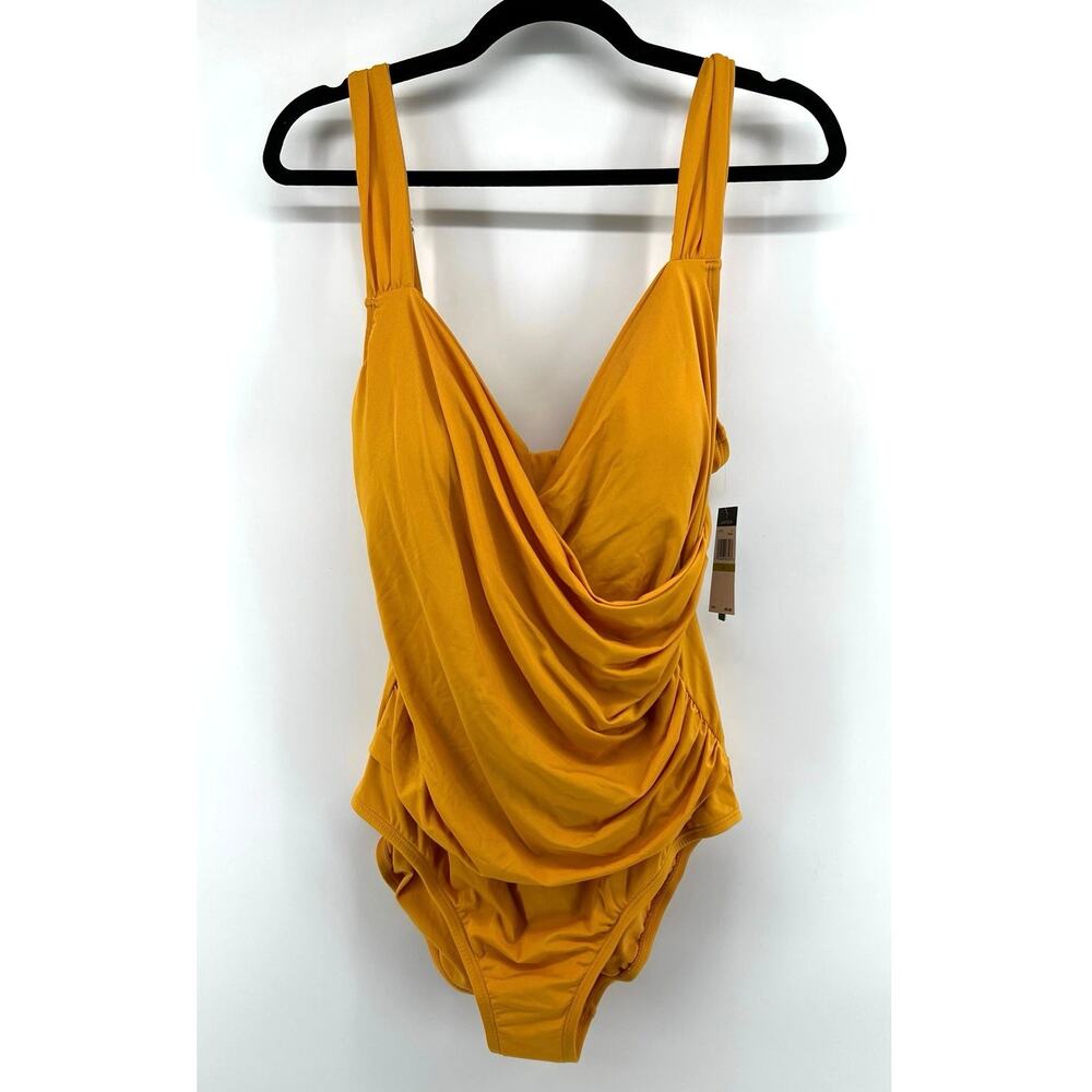 Jantzen NWT Women's One Piece Swimsuit Ruched V-Neck Size 14 Mustard Yellow
